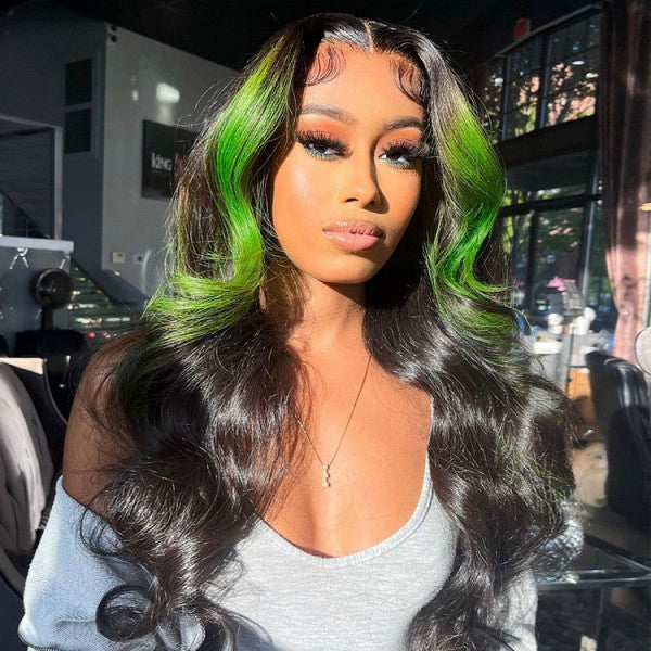 Green Skunk Stripe Hair Wig Colored Lace Front Wigs Body Wave Human Hair Wigs with Green Streaks