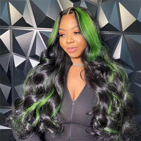 Green Skunk Stripe Hair Wig Colored Lace Front Wigs Body Wave Human Hair Wigs with Green Streaks