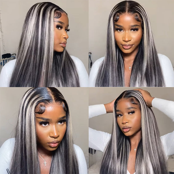 Grey Highlights Straight Lace Front Wigs 13x4 Platinum Blonde Colored Human Hair Wigs