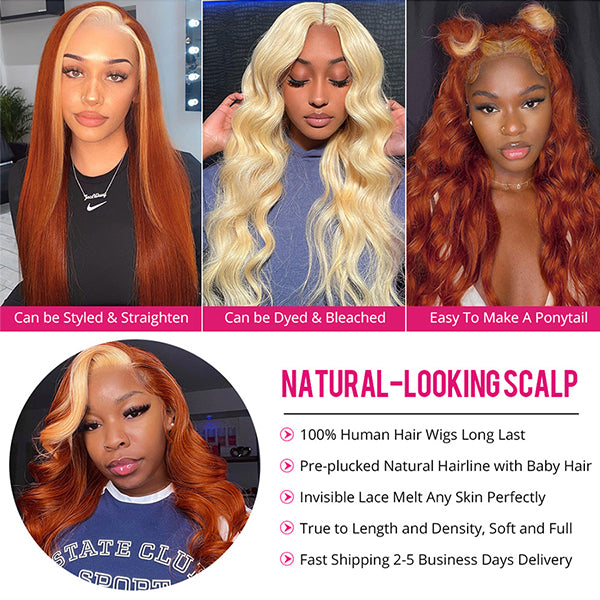 Ginger Wig With Blonde Highlights 13x4 Body Wave Glueless HD Transparent Lace Front Wigs For Wig