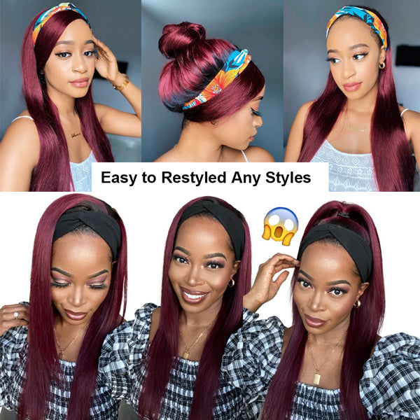 Headband Wig Human Hair 99J Burgundy Red Wig Straight Human Hair Wigs for Women - LollyHair