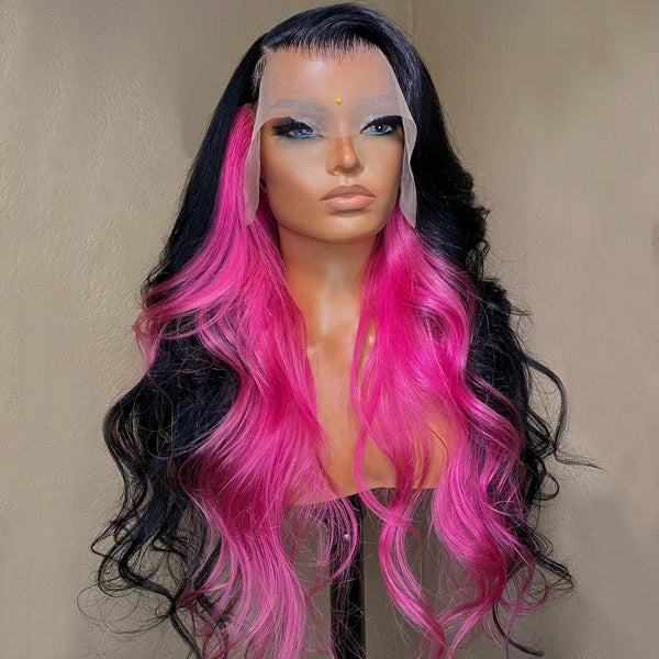 Highlight Hot Pink Body Wave Wig 13x4 Lace Frontal Human Hair Wigs Transparent PrePlucked