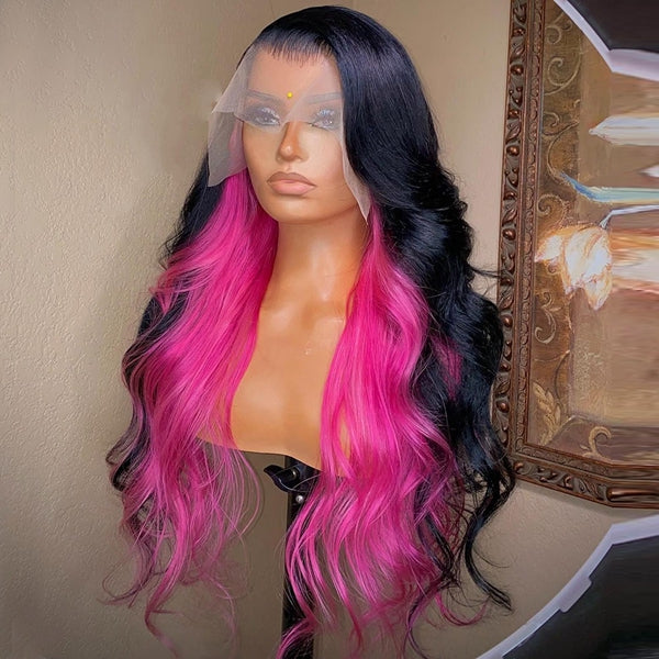 Highlight Hot Pink Body Wave Wig 13x4 Lace Frontal Human Hair Wigs Transparent PrePlucked