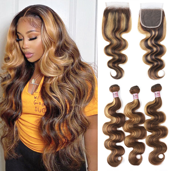 Highlight Colored Human Hair Bundles with 5x5 Closure P4/27 Body Wave Bundles with HD Lace Closure