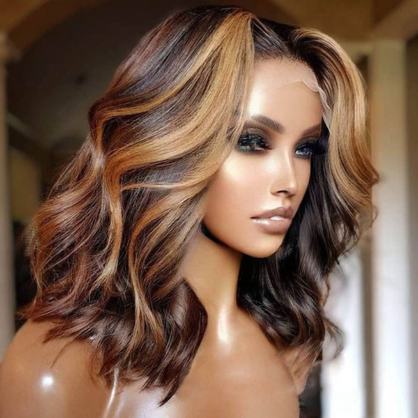 Highlight Brown Blonde Body Wave Bob Wigs Undetectable Invisible 13x4 Lace Frontal Human Hair Wigs
