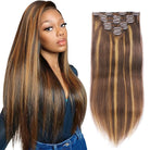 Highlight Clip In Hair Extensions Human Hair Full Head Brazilian Straight Clip In 7 Pcs/Set - LollyHair