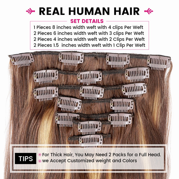 Highlight Clip In Hair Extensions Human Hair Full Head Brazilian Straight Clip In 7 Pcs/Set - LollyHair