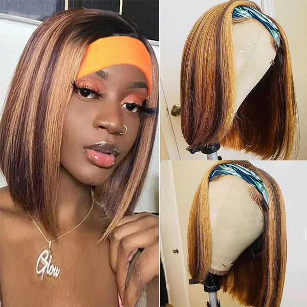 Highlight Headband Wig Human Hair Ombre Color Straight Short Bob Wigs Human Hair - LollyHair