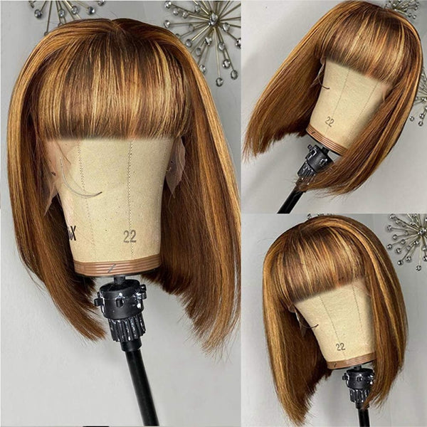 Highlight Short Bob Wig With Bangs Straight Brazilian Hair Ombre Bob For Women Colored Human Hair Wig