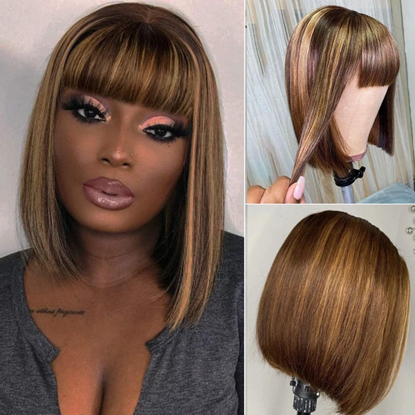 Highlight Short Bob Wig With Bangs Straight Brazilian Hair Ombre Bob For Women Colored Human Hair Wig