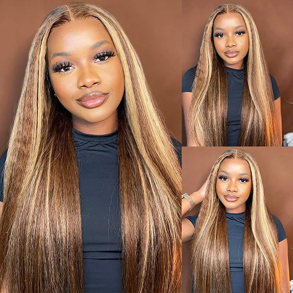 Highlight P4/27 Kinky Straight 13x4 HD Lace Front Wig Honey Blonde Colored Human Hair Wigs for Women