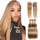 Honey Blonde Bone Straight Bundles with Closure 4x4 27# Colored Human Hair Bundles with Closure - LollyHair