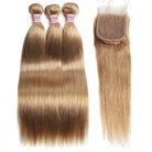 Honey Blonde Bone Straight Bundles with Closure 4x4 27# Colored Human Hair Bundles with Closure - LollyHair