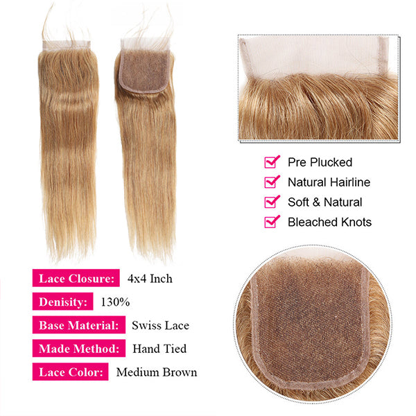 Honey Blonde Bone Straight Bundles with Closure 4x4 27# Colored Human Hair Bundles with Closure - LollyHair