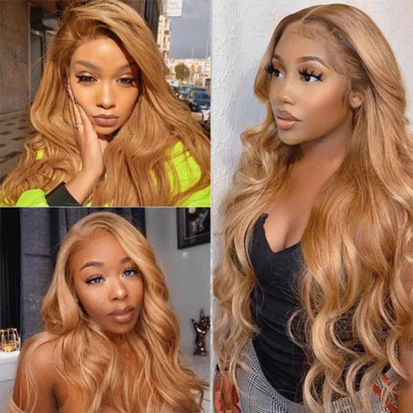 Honey Blonde Wig Ombre Body Wave Lace Front Wigs for Women 4x4 Closure Wig - LollyHair