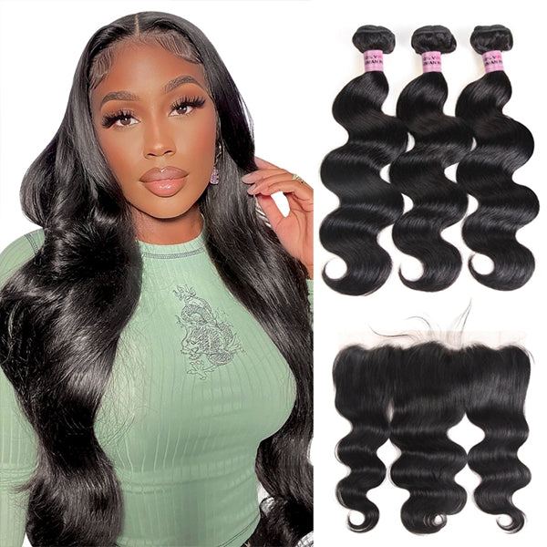 Indian Body Wave Bundles with Frontal 3/4 Bundles Human Hair Weaves and 13x4 Ear To Ear Lace Frontal