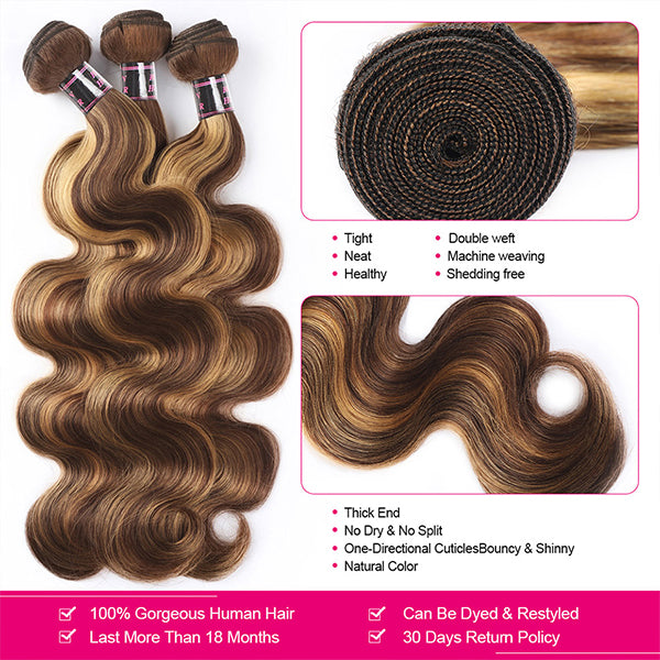 Highlight P4/27 Body Wave Human Hair 3 Bundles with 4x4 Lace Closure - LollyHair