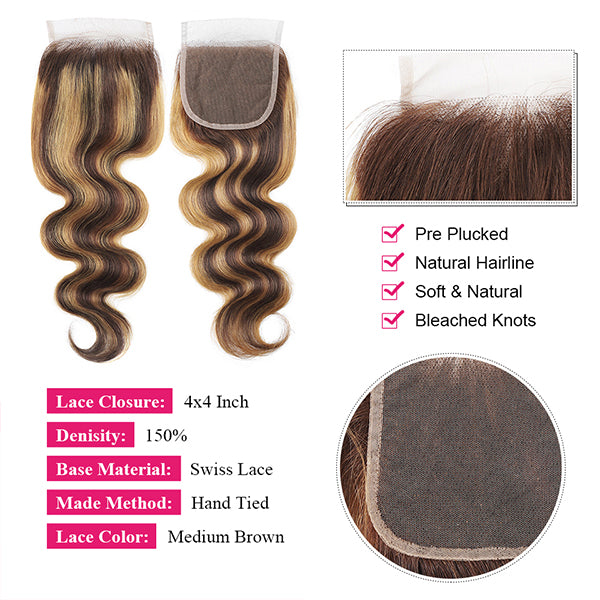 Highlight P4/27 Body Wave Human Hair 3 Bundles with 4x4 Lace Closure - LollyHair