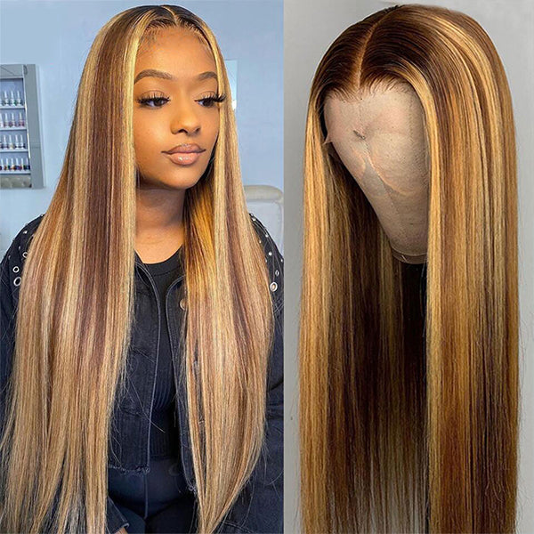 Highlight Wig Brown Colored Human Hair Wigs 13X4 Ombre Straight Lace Front Wig