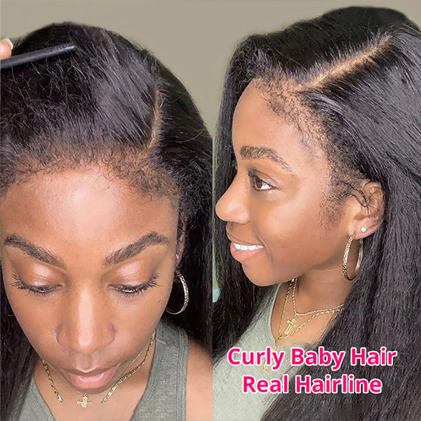 Kinky Straight Type 4C Edges Human Hair Wigs 30 inch 13x6 HD Lace Front Wigs 5x5 Lace Closure Wig