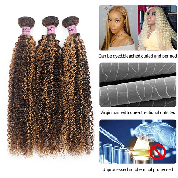 Kinky Curly Ombre Hair Bundles P4/27 Brown Bundles With Highlights Remy Hair Weave Bundle 1 3 4 Bundles Deal