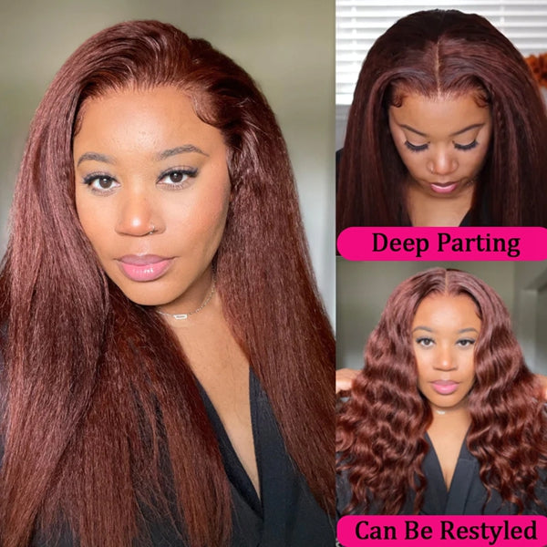 Reddish Brown Colored Human Hair Wigs Kinky Straight 13x4 HD Lace Front Wigs