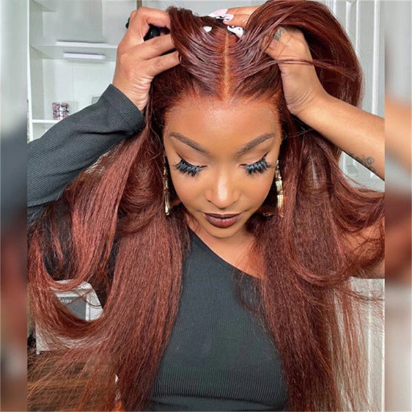 Reddish Brown Colored Human Hair Wigs Kinky Straight 13x4 HD Lace Front Wigs