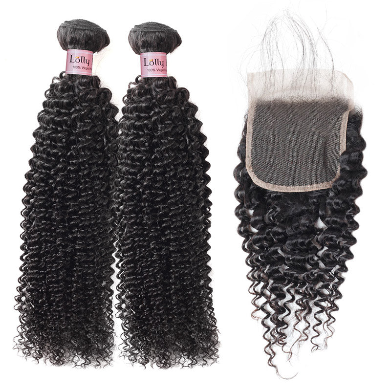 Lolly Virgin Peruvian Kinky Curly Unprocessed Human Hair 2 Bundles With Lace Closure : LOLLYHAIR