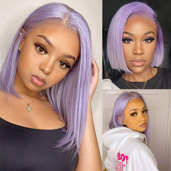 Lavender Bob Wig Lace Front Human Hair Wigs Pre-plucked Short Hair Purple Wig 8-14 Inch