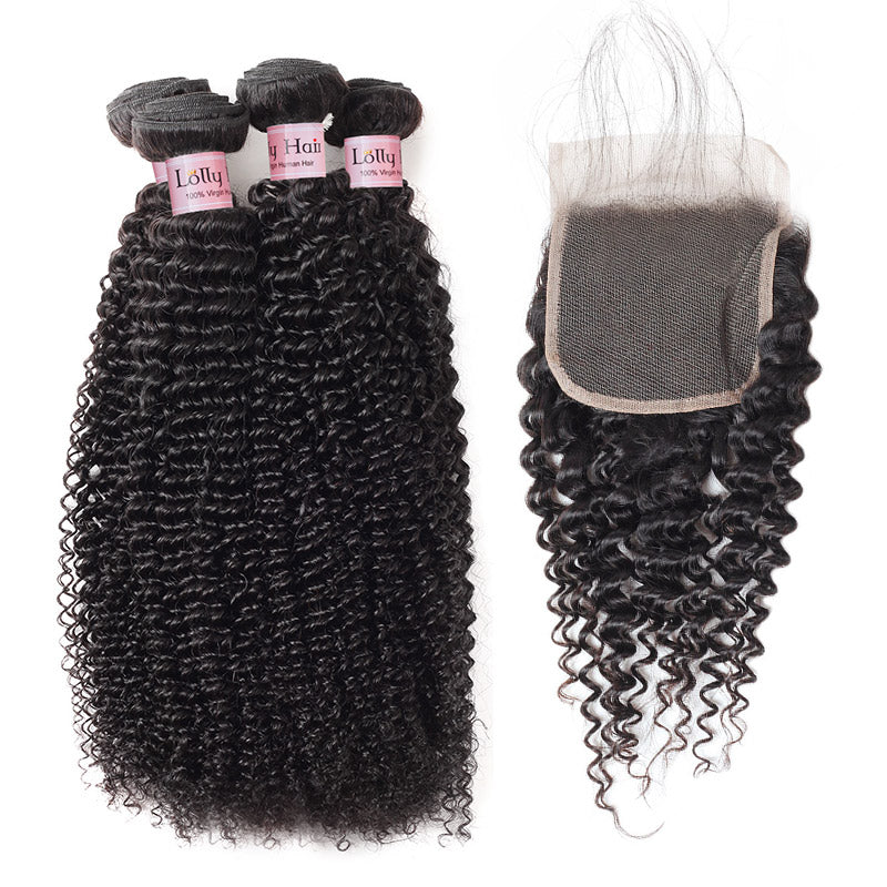 Lolly Hair 100% Real Brazilian Kinky Curly Hair 4 Bundles with Lace Closure Baby Hair Virgin Human Hair Extensions Wholesale : LOLLYHAIR