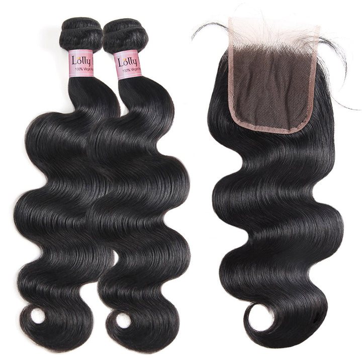 Lolly 9A Peruvian Body Wave Human Hair 2 Bundles With 4*4 Lace Closure : LOLLYHAIR
