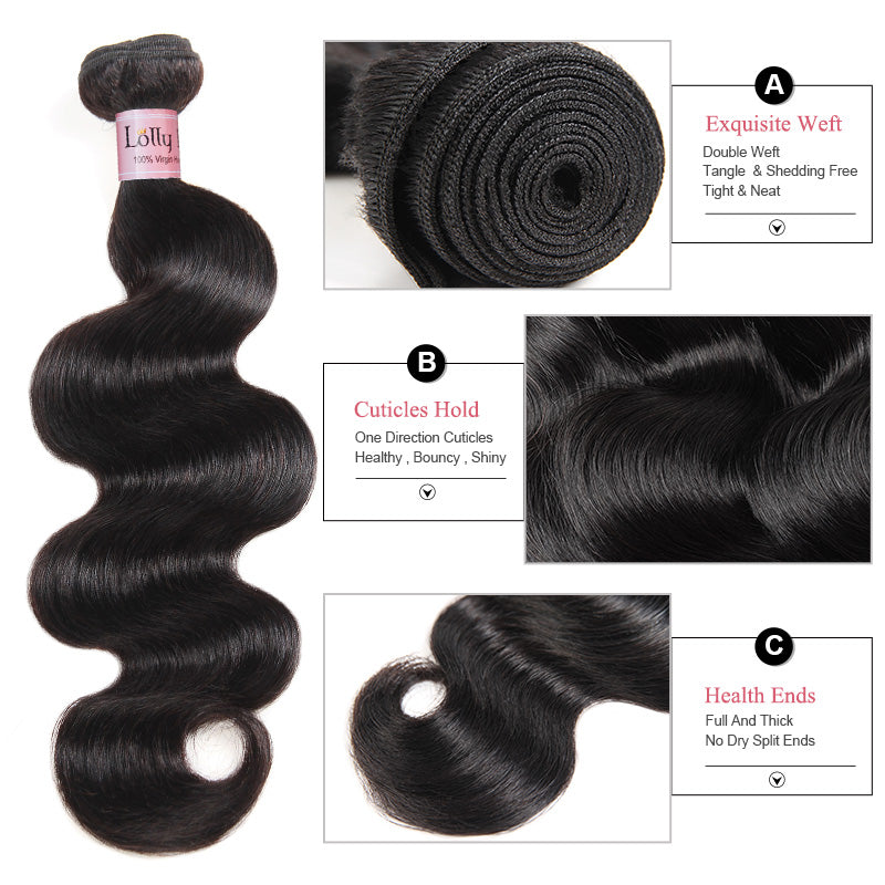 Lolly 100% Virgin Indian Body Wave Hair 2 Bundles With 4*4 Lace Closure 9A : LOLLYHAIR