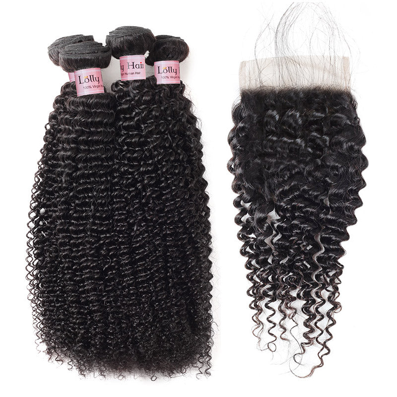 Lolly Hair Malaysian Kinky Curly Human Hair Extensions 4 Bundles with Lace Closure : LOLLYHAIR