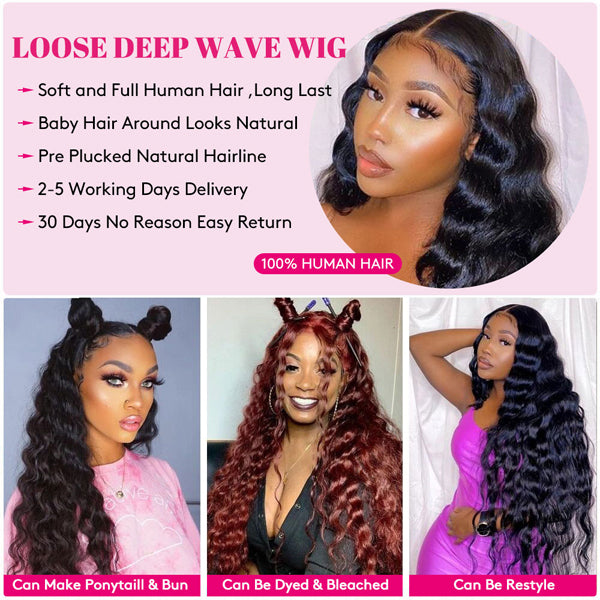 Lolly Glueless Loose Deep Wave Wig 13x4 HD Lace Front Wigs Pre-Plucked Wear and Go Transparent Lace Frontal Human Hair Wigs