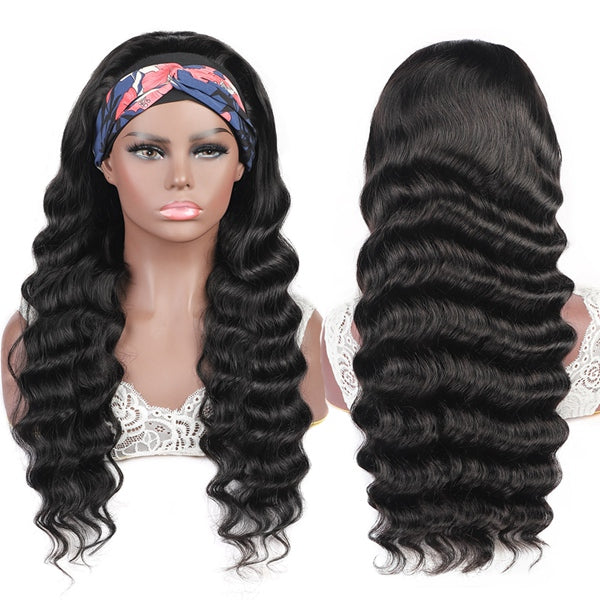 Brazilian Loose Deep Wave Headband Wig Human Hair Glueless Full Machine Made Wig with Headband - LollyHair