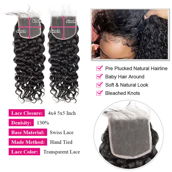 Malaysian Water Wave Bundles with Closure Virgin Human Hair 3 Bundles with Closure - LollyHair