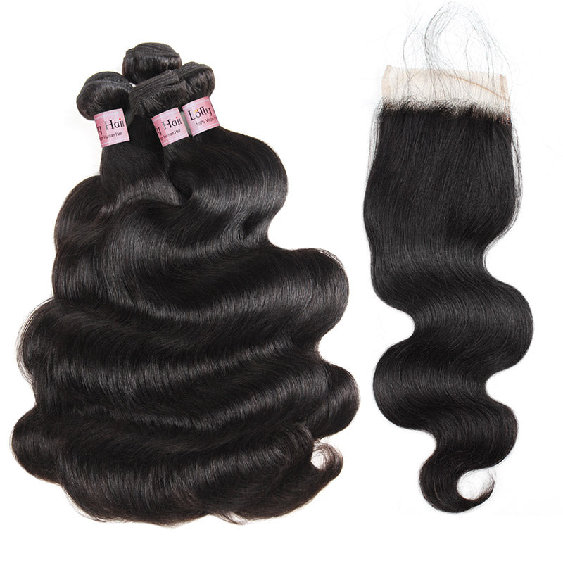 Lolly Hair Malaysian Body Wave Human Hair 4 Bundles with Closure 9A 100% Unprocessed Natural Wave Hair Extension 8-28 inch Virgin Hair Weave : LOLLYHAIR