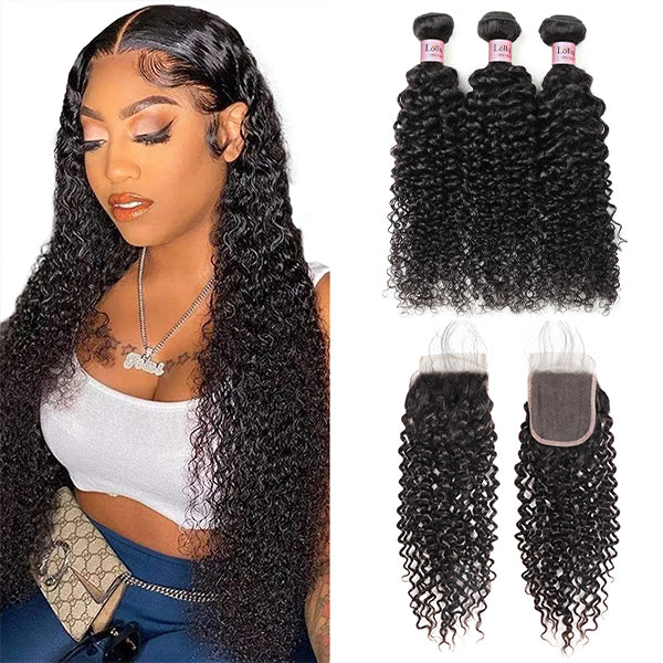 Curly Bundles with Closure Mongolian Kinky Curly Human Hair 3 Bundles with Lace Closure