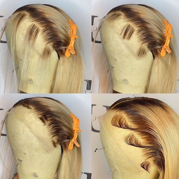 Ombre Blonde Human Hair Wigs For Women Brown Root Straight HD Lace Frontal Wig
