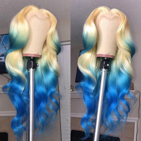 Lolly Blonde Lace Front Wig with Blue Ends Ombre Highlight Blue Colored Wigs Body Wave 13x4 HD Lace Front Wig Human Hair