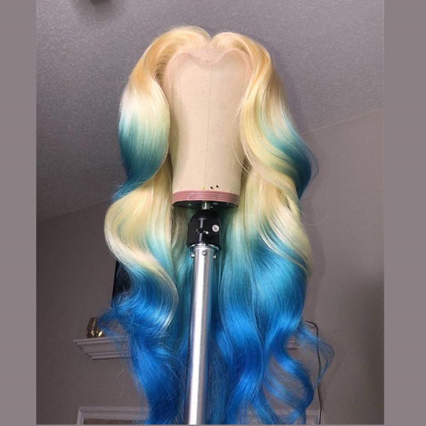 Ombre Blonde with Blue Ends Body Wave Lace Front Wig Brazilian Virgin Human Hair