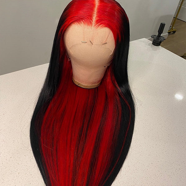 Ombre Red Gluelss HD Lace Frontal Straight Human Hair Wigs Red Highlight Wigs For Women Pre plucked