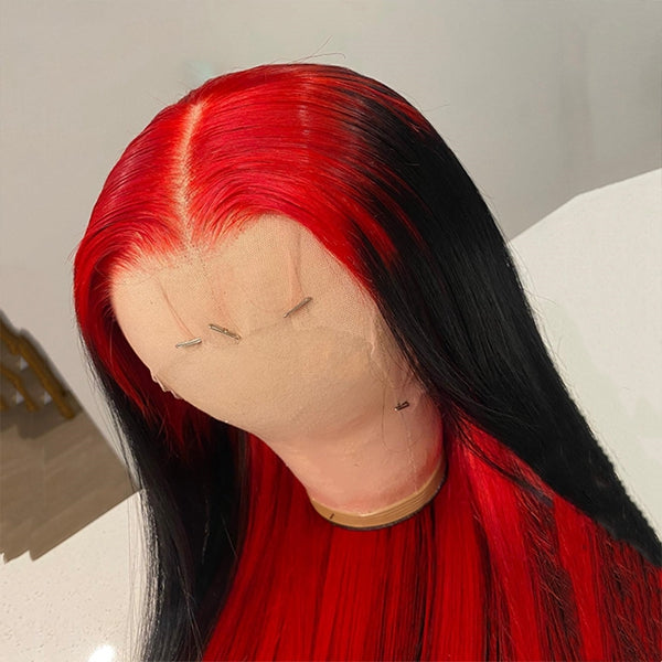 Ombre Red Gluelss HD Lace Frontal Human Hair Wigs Straight Red Highlight Wigs For Women Pre plucked
