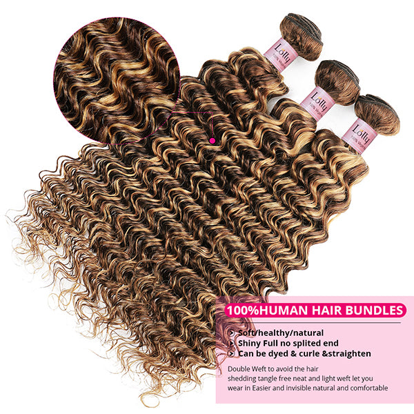 P4/27 Highlight Bundles with Closure 4x4 5x5 inch Deep Wave Colored Human Hair Bundles with Closure