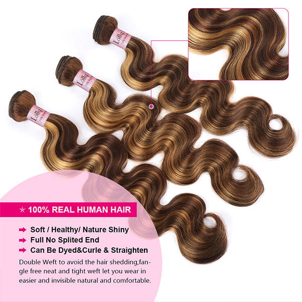Highlight Colored Human Hair Bundles with 5x5 Closure P4/27 Body Wave Bundles with HD Lace Closure - LollyHair