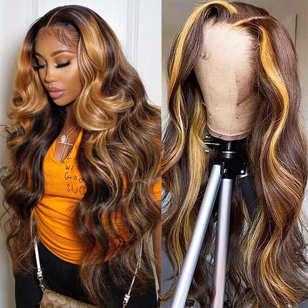 Lolly Highlight Body Wave Human Hair Wigs 250% Density Ombre 13x4 HD Transparent Lace Frontal Wigs Pre Plucked P4 27