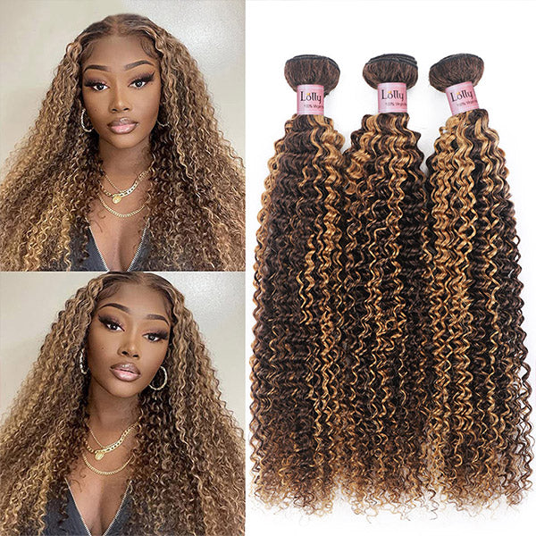 P4/27 Kinky Curly Highlight Bundles with 4x4 Lace Closure Ombre Human Hair Bundles with Closure Free Part