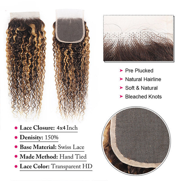 P4/27 Kinky Curly Highlight Bundles with 4x4 Lace Closure Ombre Human Hair Bundles with Closure Free Part