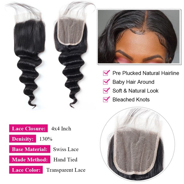 Peruvian Loose Deep Wave Hair 3 Bundles with 4x4 Lace Closure