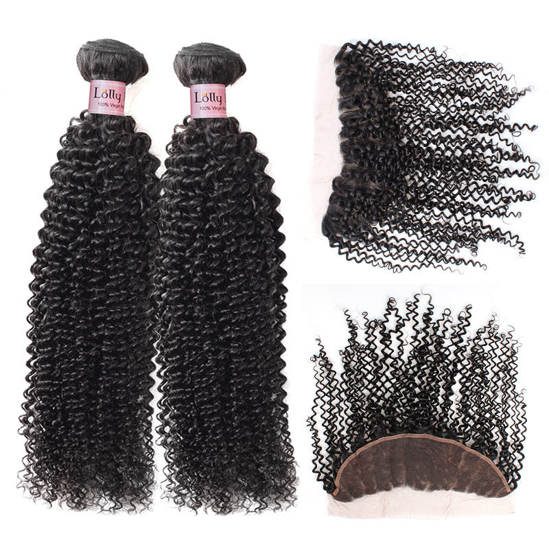 Lolly Hair Peruvian Unprocessed Kinky Curly Human Hair 2 Bundles With 13x4 Lace Frontal Closure 9A : LOLLYHAIR